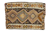Vintage handwoven Turkish Kilim rug mat, geometric diamond design, blush pink, charcoal, saffron.