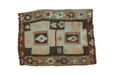 Vintage Kilim rug mat, geometric pink and blue pattern, dark floral border, 1'11
