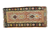 Turkish Kilim runner, blush peach field, double crab medallions, geometric borders, 1'6