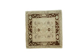 Vintage Oushak square rug, sand field, dark charcoal geometric border, 2'2
