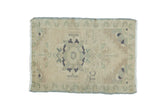Vintage Oushak rug mat, centralized stepped medallion in sand, celadon, slate, 1'7