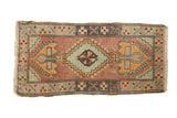 Vintage Oushak hand-knotted Turkish runner, stepped medallion, pinwheel, brick red, orange, celadon.