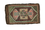 Vintage Oushak rug mat, geometric medallion, finned plants, bronze, pink, peach. 1'7