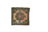 Vintage Oushak square rug mat: ornate medallion, meandering leaf border, apricot blush, deep teal, 1'4