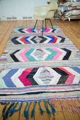 Vibrant hand woven rag rug end with horizontal stripes, diamond pattern, and blue fringe.
