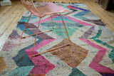 Running zigzag motif on vintage hand woven rag rug in pink, mint green, and blue.
