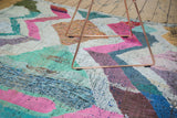 Dense hand woven vintage Moroccan rag rug, zigzag motif in pink, mint green, denim blue.
