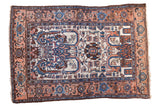 Vintage Persian Hamadan rug with ivory field, indigo, apricot, and brown palmette design, 4'2