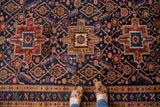 Classic Heriz rug medallion and geometric field in madder red and indigo blue, with border and feet.
