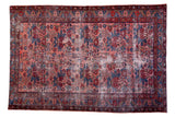 Distressed Antique Persian Lilihan rug, allover floral bouquet, jewel rose, sapphire blue. 4'3