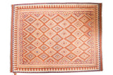 Vintage 2010s hand knotted Kilim carpet, rust orange, red, ivory serrated diamond motif.