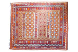 Hand knotted tribal New Kilim carpet, rust, orange, blue water channel motifs, 7'10