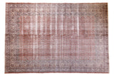 Faded blush red and auburn distressed Oushak carpet with a subtle mir boteh pattern, 6'7