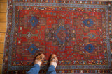 Antique Persian Afshar rug corner displaying ruby red field and geometric fish in water motifs.