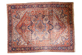 Distressed Persian Heriz carpet with quatrefoil medallion, brick red, navy blue, ivory. 8'10