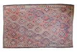 Vintage Jijim carpet with repeating lattice geometric pattern, faded blush, ivory, slate blue.