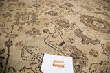 Expressive Harshang design on dusty grey Vintage Mahal carpet, featuring wooded tones and even wear to knot heads.