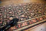 Antique Karabagh runner's navy, coral, antique ivory Herati and Henna pattern.