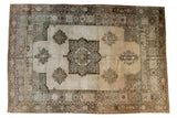 Vintage Oushak hand-knotted carpet with square medallion, serrated diamonds, ivory, and soft blue.