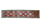 Antique North West Persian runner, single column multi-medallion design in cherry red, sky blue, ivory.