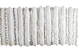 Vintage Moroccan handira wedding blanket with textured ivory pile and shimmering silver sequins.