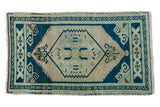 Vintage Oushak rug mat with sky blue diamond medallion and antique ivory field, 1'11