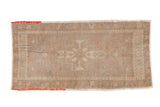 Vintage Oushak rug mat, bursting medallion, meandering border, beige, pale mauve, red-orange weft.