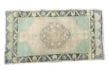 Vintage Oushak rug mat, octagonal medallion, pale mint, beige field, charcoal border.