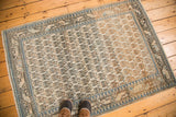 Vintage Mir Sarouk rug corner showing geometric borders in sky blue, ivory, and charcoal brown.
