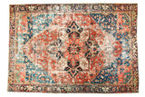 Distressed vintage Persian Heriz rug with oversized quatrefoil medallion, cherry red and sapphire blue, 7'9