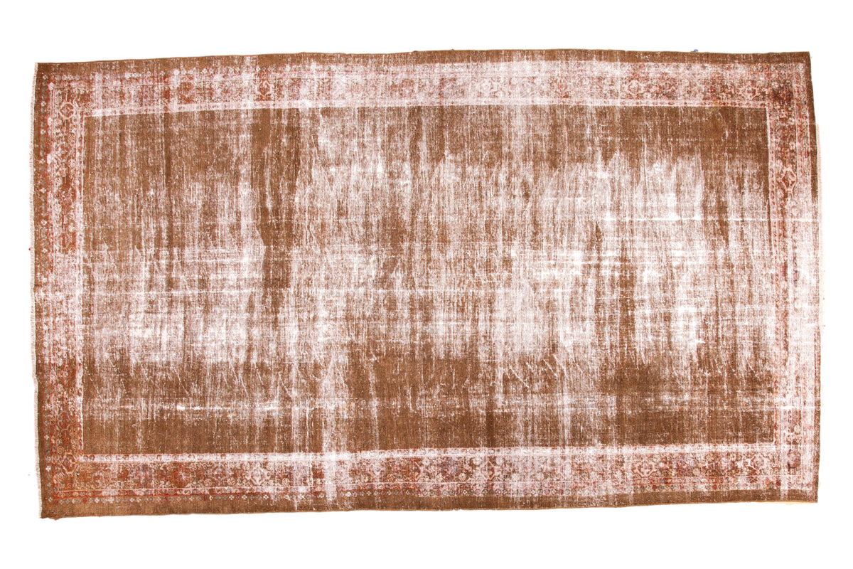 Distressed vintage Mahal carpet with faded brown field, white distress, subtle borders, 7'8" x 13'3".