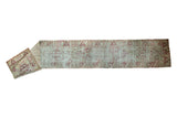 Distressed vintage Oushak runner with allover classic motifs in raspberry and antique ivory.