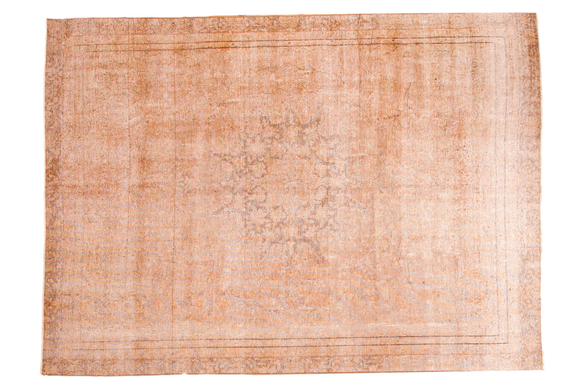 Distressed vintage Sivas hand-knotted carpet, creamy ivory, peach, and gray tones.