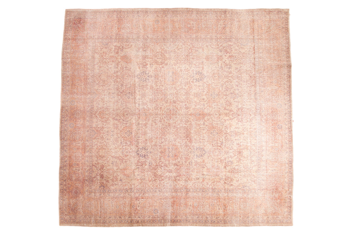 Distressed Vintage Oushak square carpet, soft cream, pink, and lavender floral patterns, 10x10.5.