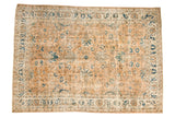 Vintage Oushak carpet, distressed peach field with blue floral palmettes and boteh border, 7'2