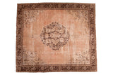 Distressed vintage Oushak carpet, salmon field, brown medallion, slate silver details, 9'10