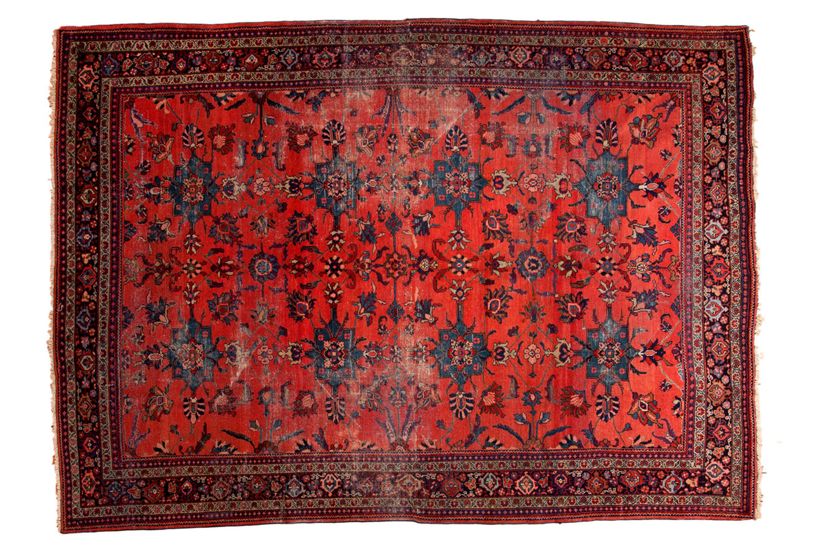 Distressed vintage Mahal carpet with watermelon red field, teal blue palmettes, floral vines, 8'4" x 11'7".