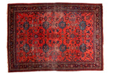 Distressed vintage Mahal carpet with watermelon red field, teal blue palmettes, floral vines, 8'4
