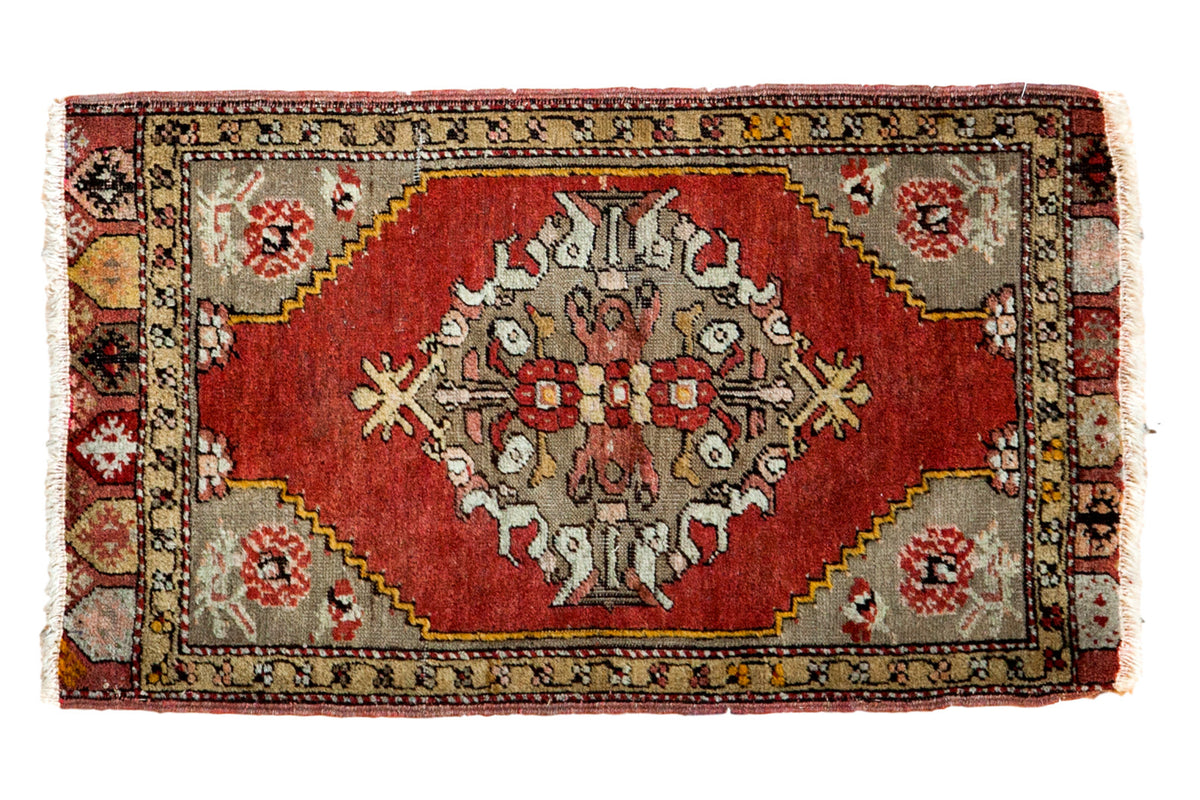 Vintage Oushak rug with cinnabar red field, scalloped tree medallion, and leaf border, 1'6" x 2'6".