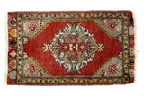 Vintage Oushak rug with cinnabar red field, scalloped tree medallion, and leaf border, 1'6