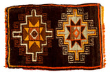 Vintage Oushak rug mat with tribal double starburst design in tangerine, saffron, chocolate, silver, and charcoal black.