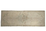 Vintage Oushak rug runner with subtle oversized medallion, antique ivory, sea foam green. 4'7