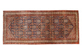 Vintage Malayer runner, dark indigo field, allover henna plant design, terra cotta and antique ivory, aged patina.