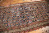 Hand-knotted vintage Malayer runner, aged indigo blue and terracotta Henna design.