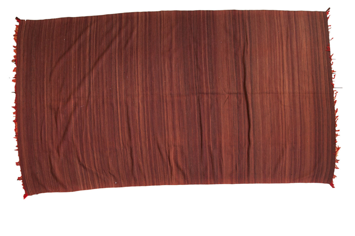 Vintage Moroccan Kilim carpet with tone-on-tone dark copper and chocolate brown bands, 5'7" x 9'11".