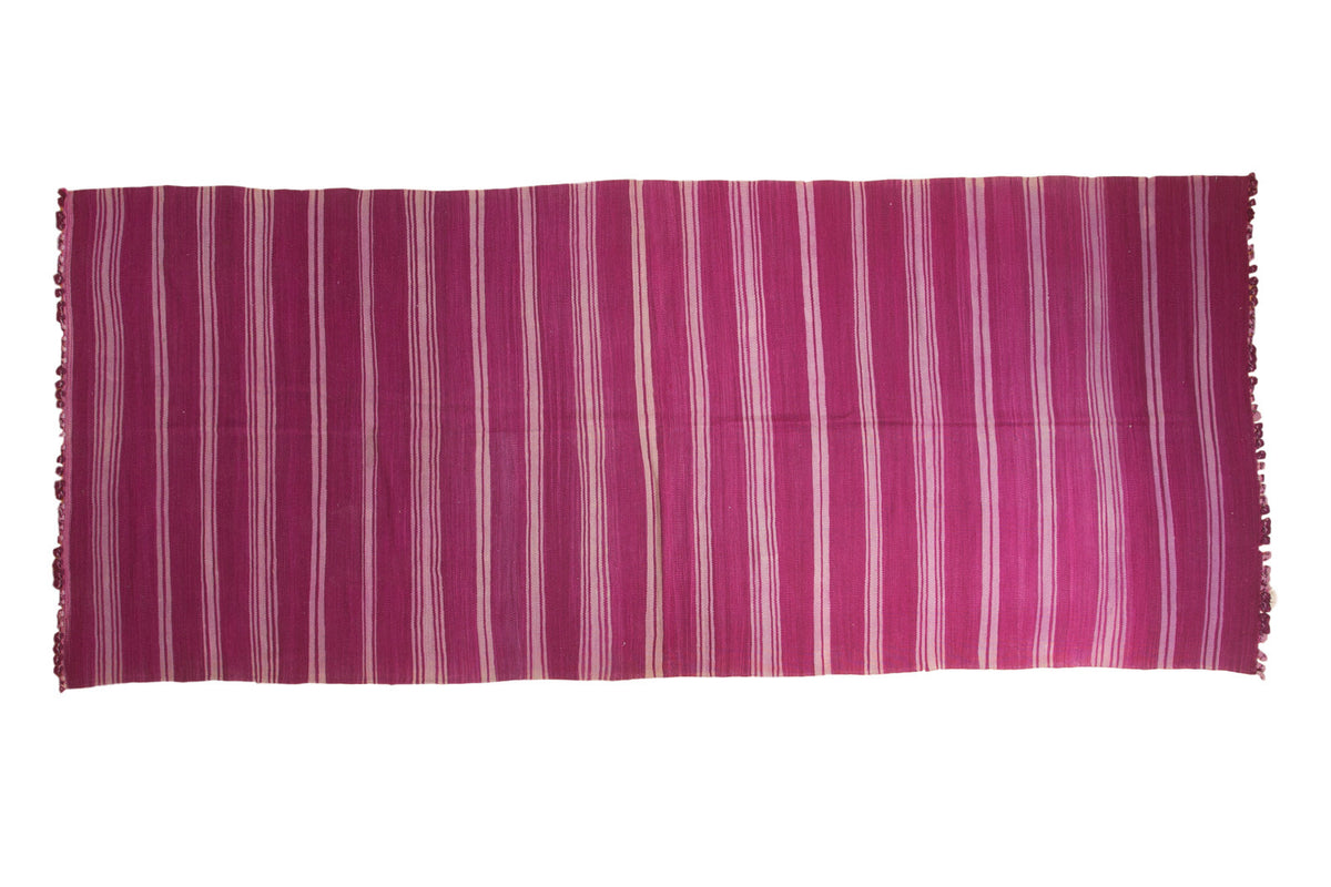 Hand-woven Vintage Moroccan Kilim runner, vertical stripes in mauve, aubergine, gray, silver, 5'1" x 12'5".
