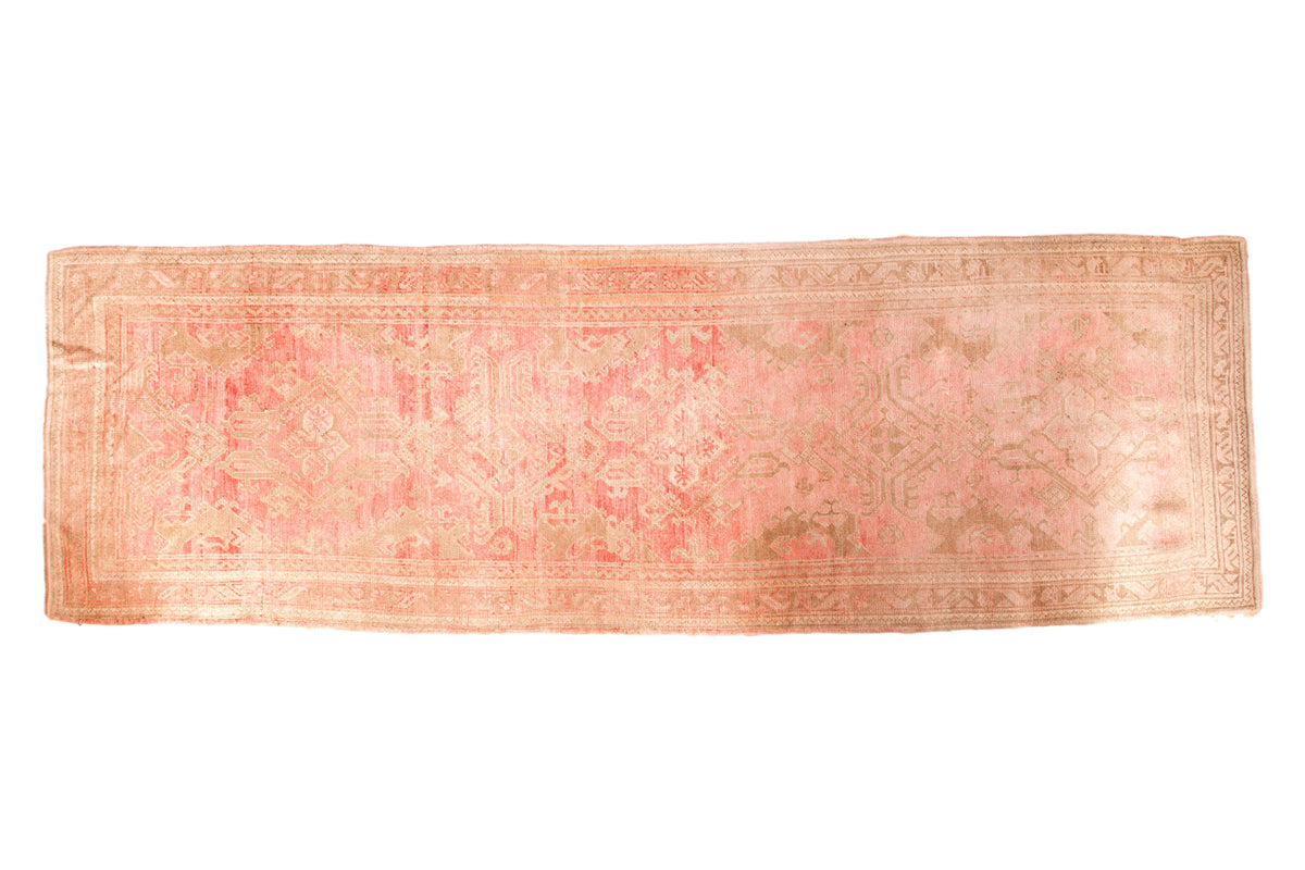 Vintage Oushak rug runner, faded blush pink with large-scale beige allover pattern, 4'6" x 14'4".