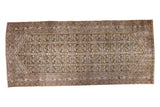 Distressed vintage Hamadan runner, faded Herati pattern, time-softened silver charcoal and ivory.