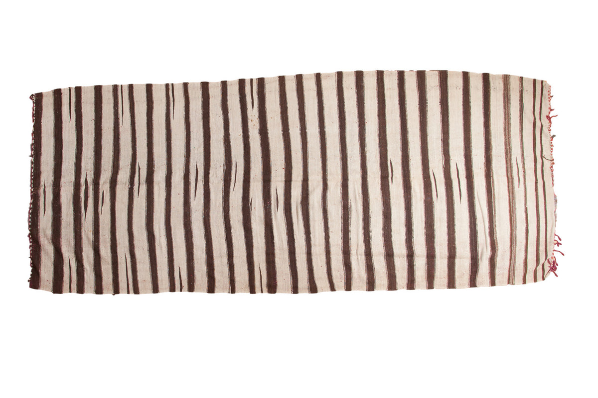 Vintage Moroccan Kilim rug runner with alternating ivory and brown stripes, polychrome macram ends.