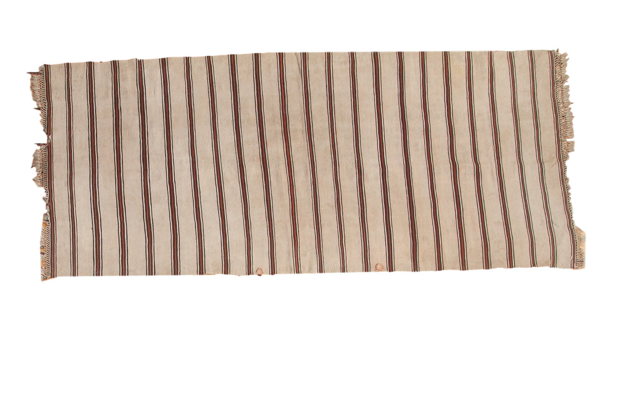 Moroccan Kilim runner: antique ivory, brown, red vertical stripes, circular mountings.